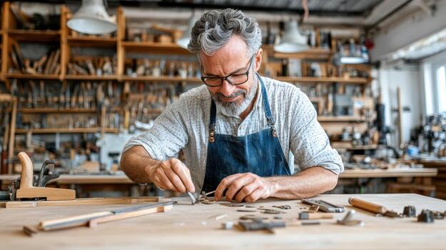 A man working on a wooden table with tools photo