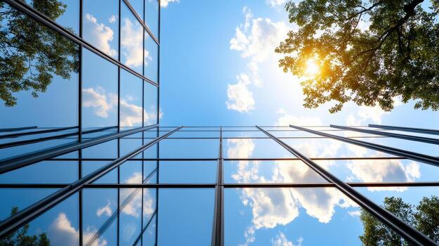 A view of the sky and trees reflected in the windows of a building photo