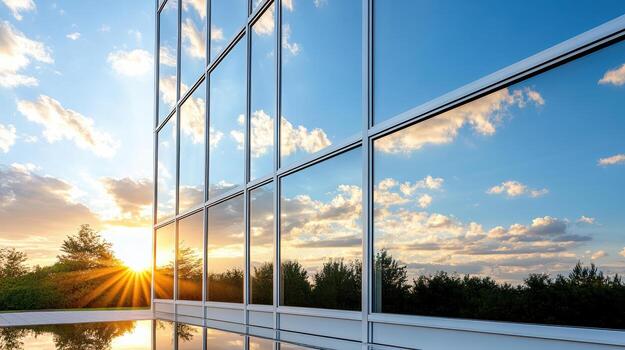 A building with windows reflecting the sun photo