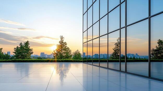 A view of a city skyline from the outside of a building photo
