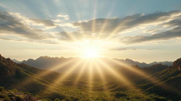 The sun shines over a mountain range with a valley in the background photo