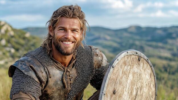 A man in armor is smiling and holding a shield photo