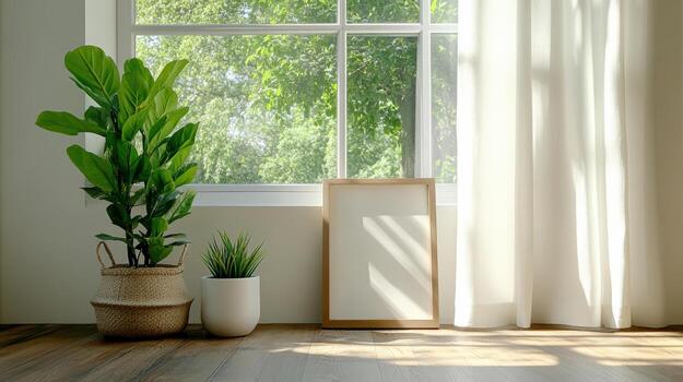 A room with a window, a plant and a white frame photo
