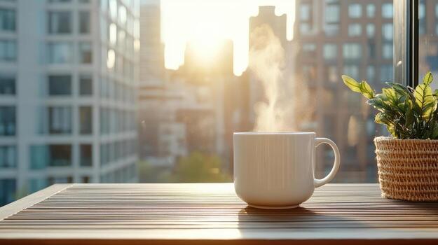 Coffee mug on a wooden table in front of a cityscape with a view of the sunrise photo