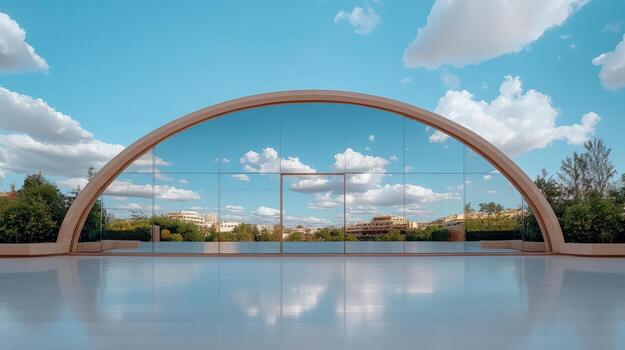 A large mirror in front of a building with a sky and clouds photo
