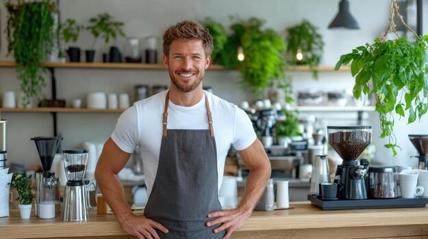 A smiling man standing in front of a coffee shop photo