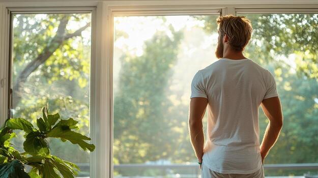 A man standing in front of a window looking out at the sun photo