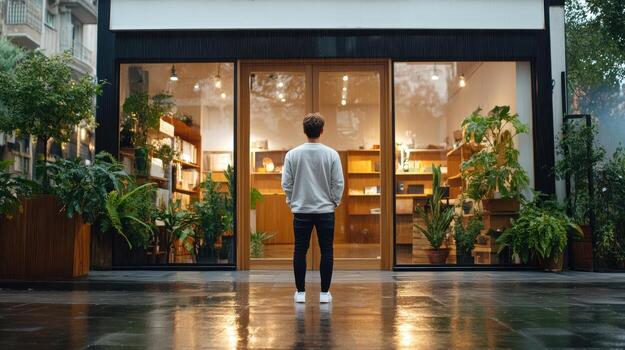 A man standing in front of a store with plants photo