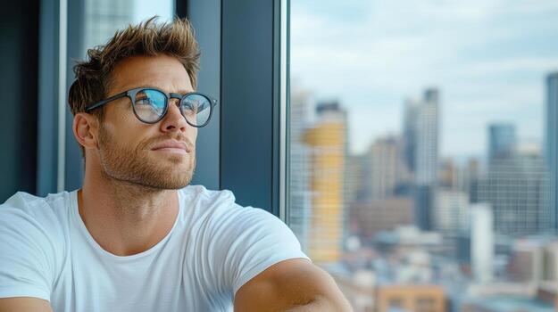 A man with glasses looking out a window photo