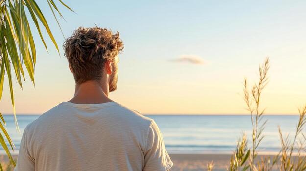 A man standing in front of palm trees looking at the ocean photo