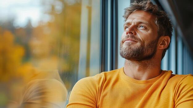 A man looking out the window of a train photo