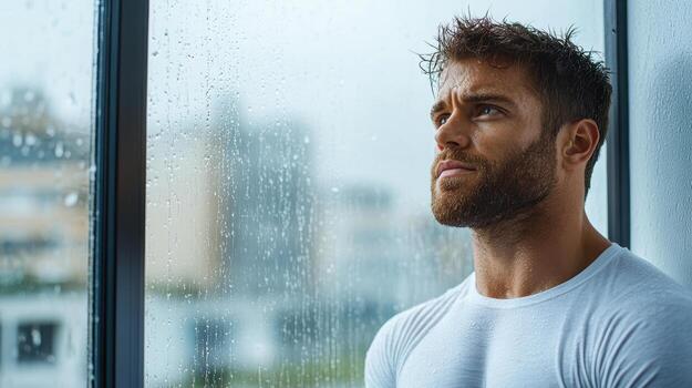 A man is looking out a window with rain on it photo