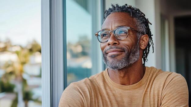 A man with glasses and a beard looking out the window photo
