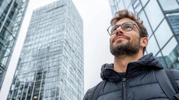 A man with glasses and a black jacket standing in front of tall buildings photo