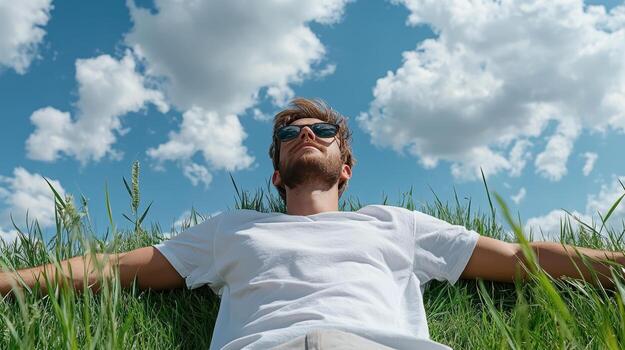 A man in sunglasses laying in a grassy field photo