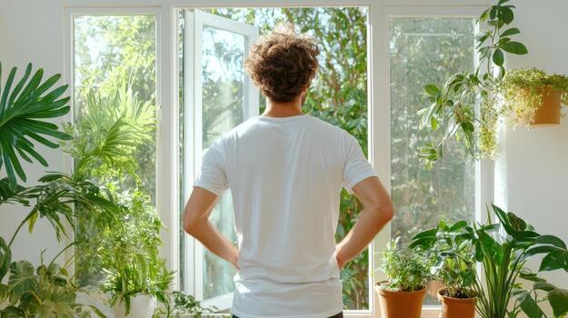 A man standing in front of a window with potted plants photo