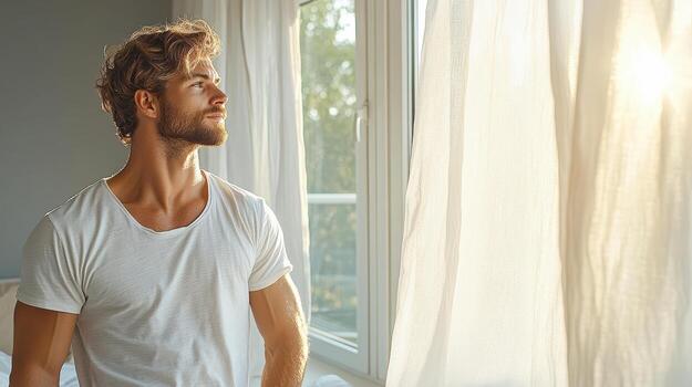 A man standing in front of a window looking out photo