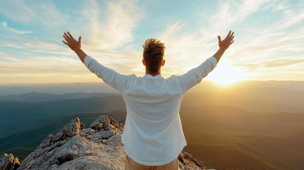 Man with arms raised on top of mountain at sunset photo