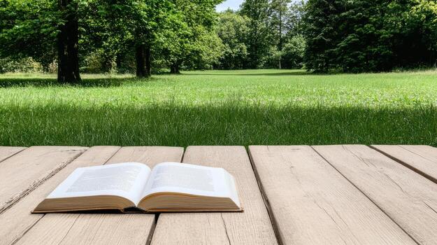 An open book on a wooden table in a park photo