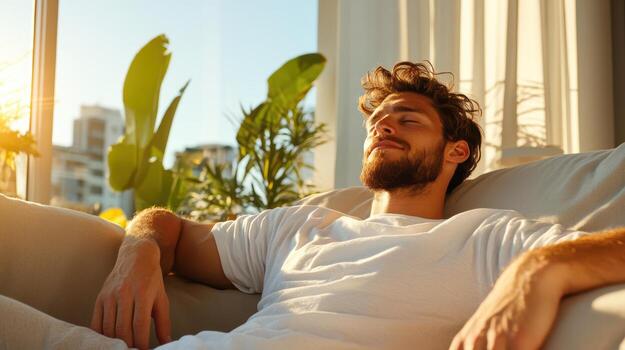 A man is relaxing on a couch in front of a window photo