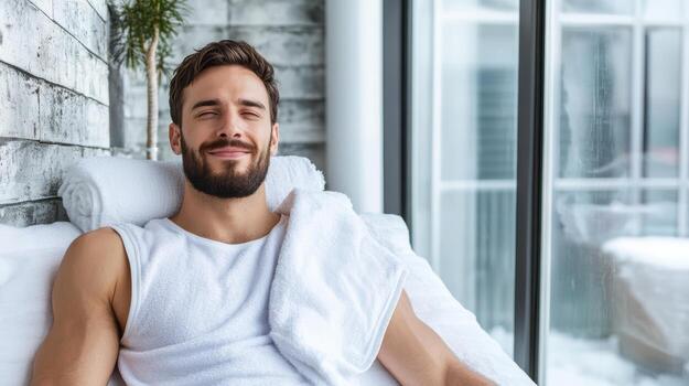 un hombre en un toalla es sonriente mientras tendido en un cama foto
