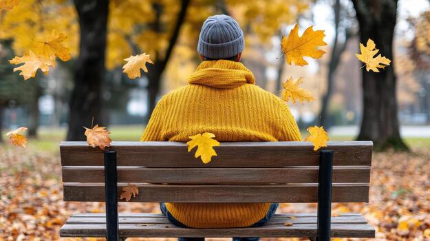A person sitting on a bench with autumn leaves falling from the trees photo