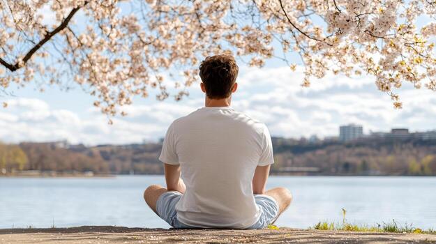 A man sitting under a cherry tree in front of a lake photo