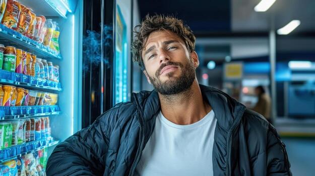 A man is standing in front of a vending machine photo