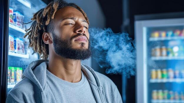 A man with dreadlocks smoking in front of a refrigerator photo