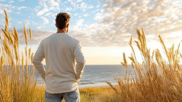 A man standing in front of tall grass and looking at the ocean photo