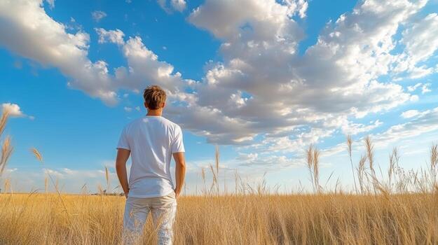 A man standing in a field looking at the sky photo