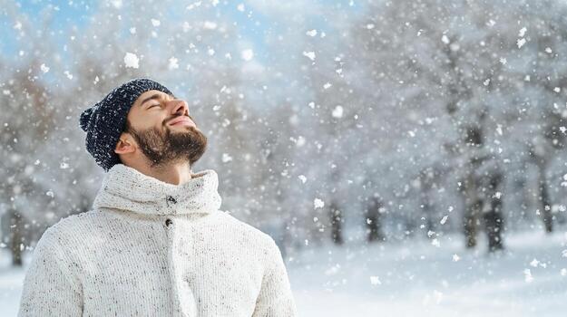 A man is looking up into the sky while standing in the snow photo