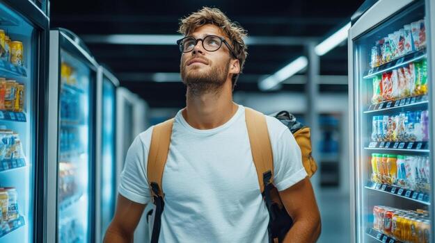 Man with backpack standing in front of a refrigerator photo