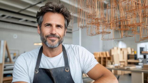 A man in an apron is smiling in a workshop photo