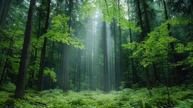 A forest with green trees and sunlight photo
