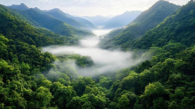A view of a green valley with fog and trees photo
