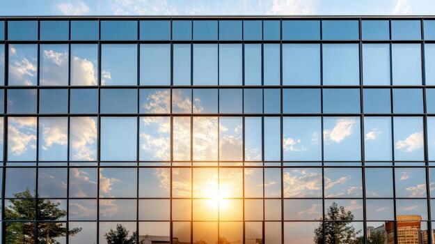 A building with large windows and a sun setting photo