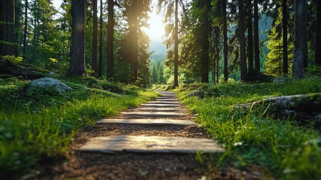 A path in the forest with sun shining through the trees photo