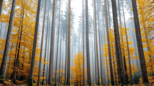 A forest with yellow trees in the fog photo
