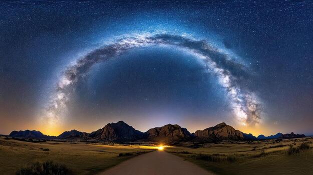 The milky way over a road in the middle of a field photo