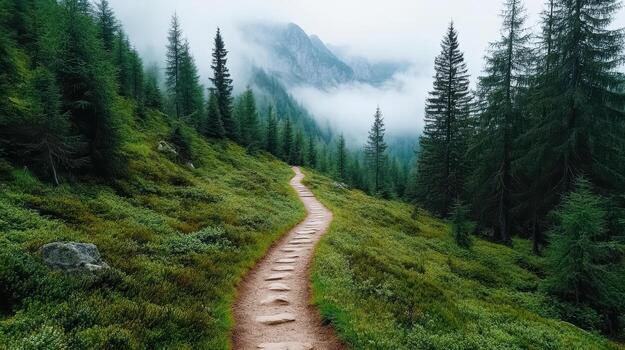 A path in the mountains with trees and fog photo