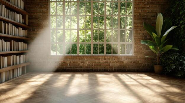 An empty room with a window and bookshelves photo