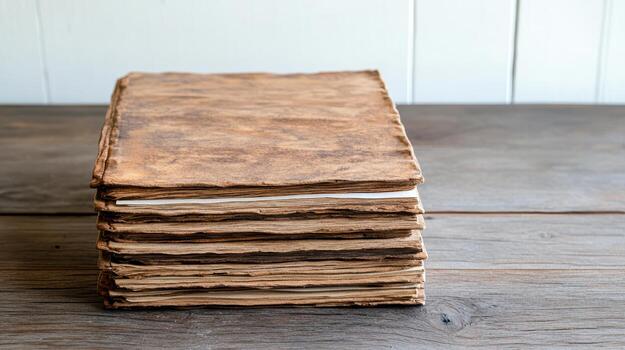 A stack of old books sitting on a wooden table photo