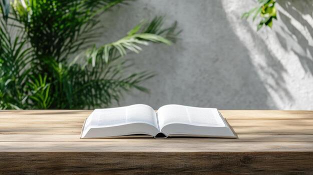 An open book on a wooden table in front of a green wall photo