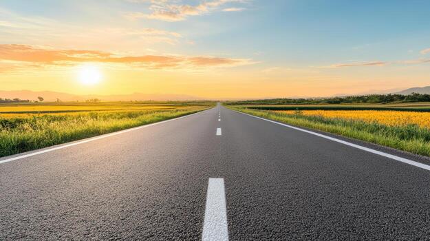 An empty road leading to a field with a sunset in the background photo