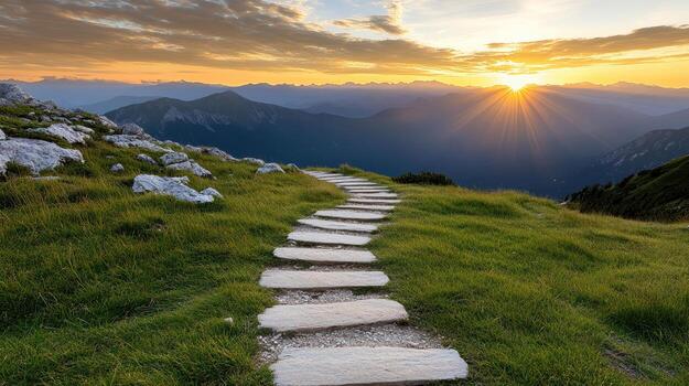 A path leading up a mountain with a sunset in the background photo
