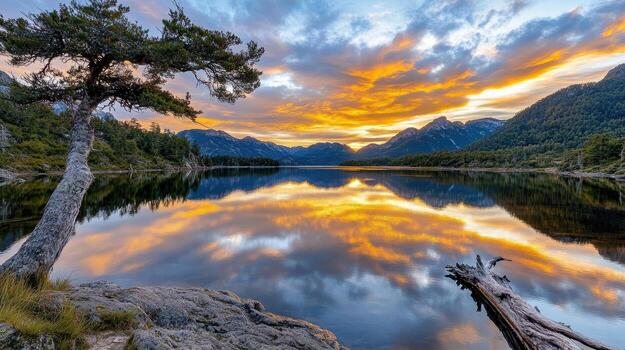 un árbol es sentado en un Iniciar sesión en el medio de un lago a puesta de sol foto
