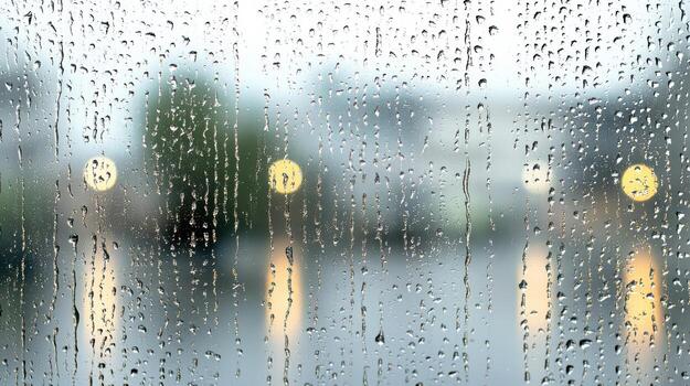 Rain drops on a window with a city in the background photo