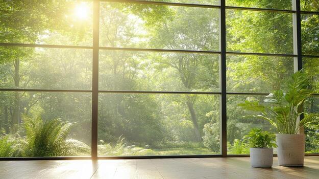 A room with a window looking out to a forest photo