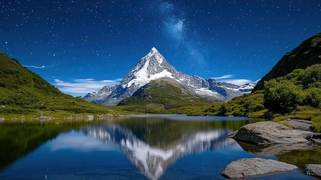 A mountain range is reflected in a lake under a starry sky photo